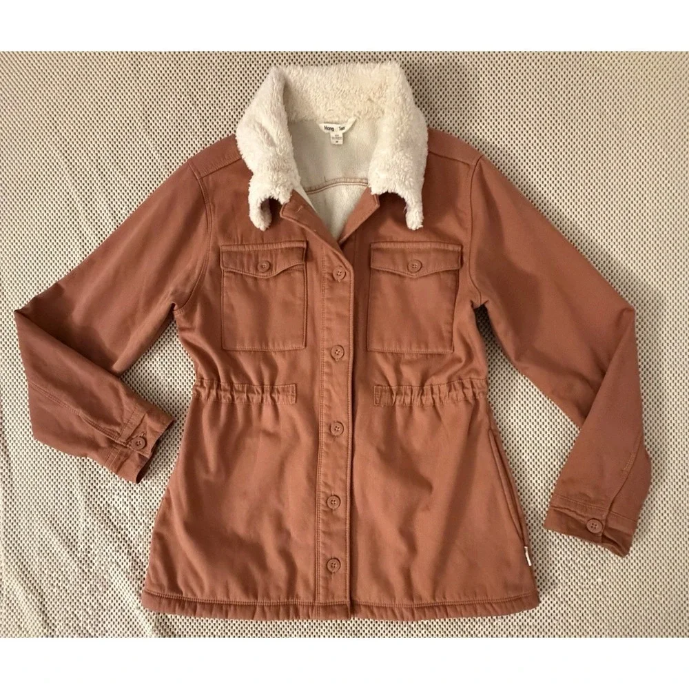 Hang‎ Ten Sherpa Lined Jacket Women M Button Front Utility Coat Salmon Rust Tan